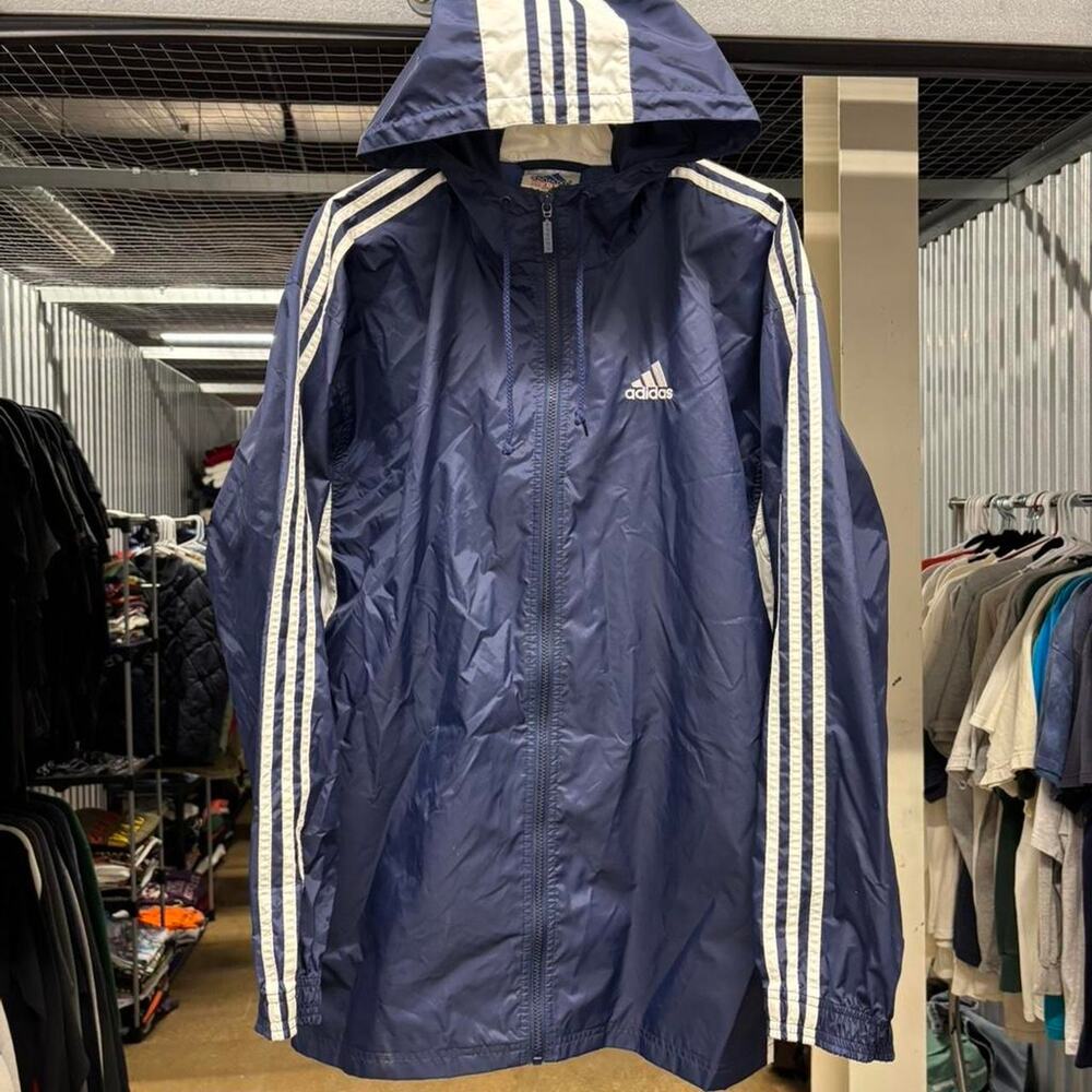 Vintage 90s Adidas Blue/White Striped Lightweight Windbreaker Jacket Size L